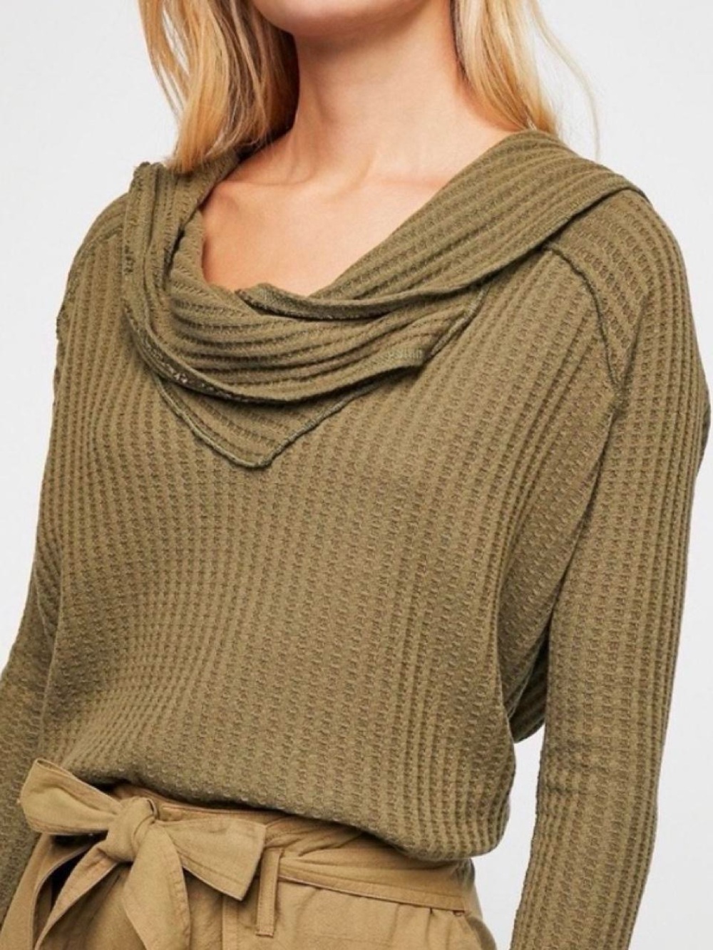 We The Free Olive Green Waffle-Knit Cowl NeckTop, size S.